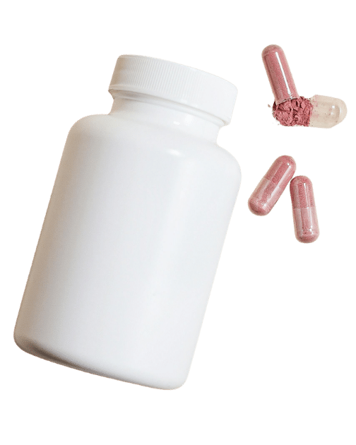Supplement bottle with capsules representing hormone therapy peptides